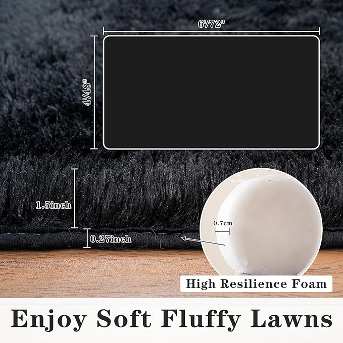 6x9 Super Fluffy Rug for Bedroom, Modern Shag Black Area Rugs, Soft and Cozy Plush Large Carpet for Kids, Girls Boys and Teens Decorations for Living Room Dorm Nursery Classroom