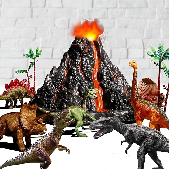 Large Volcano Set with 9 Realistic Dinosaur Action Figures for Kids 2 3 4 5 6 8 10 Years, Simulated Volcanic Eruptions w/Sounds, Volcano Can Store Dinos, Gift for Toddlers Boys & Girls