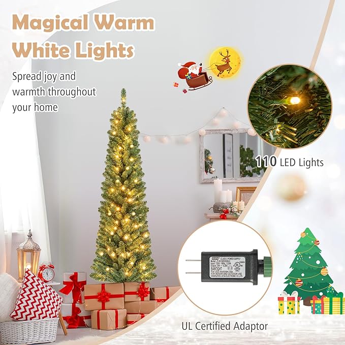 GOFLAME 5FT Prelit Pencil Christmas Tree, Slim Artificial Xmas Tree with 295 Memory Wire Branch Tips, 110 Warm White LED Lights & Upgraded Metal Stand, Seasonal Holiday Decoration Tree for Home Party