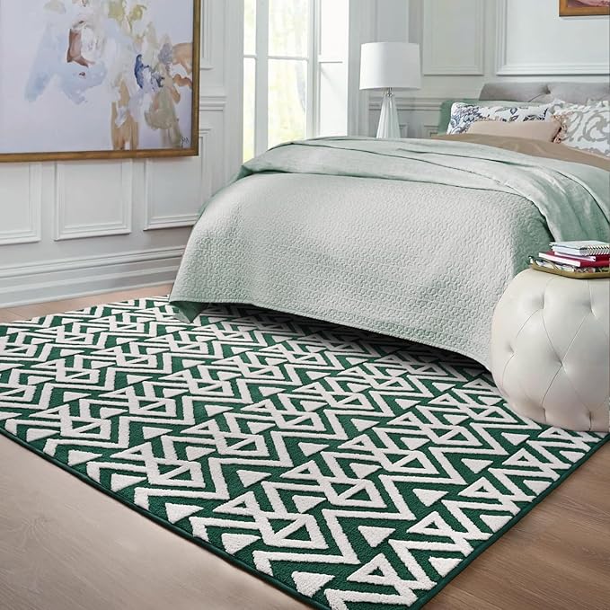 Ompaa Ultra Soft Shaggy Rugs Memory Foam Bedroom Carpet, Green and White 3x5 Feet, Plush Geometric Textured Area Rugs for Living Room Couch Dorm Bedside Kids Girls Teens Room Nursery Decor Floor Mat