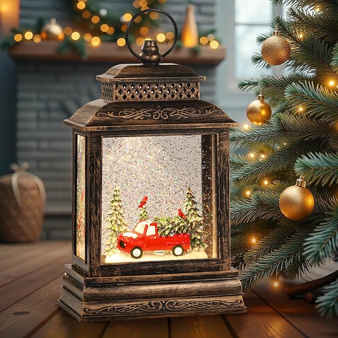 11.75" Christmas Snow Globe Lamp with Christmas Tree & Red Truck Inside,Musical Waterglobe Holiday Decor with 6h Timer,USB Power, Indoor Use for Festive Room Light, Best Gift for Christmas,New Year