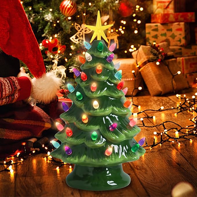 Small Ceramic Christmas Tree Hand-Painted Vintage Tabletop Green Christmas Tree Holiday Decoration with Multi-Color Lights Xmas Trees 12 inch