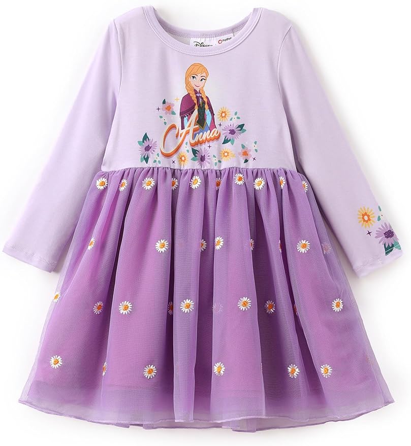 Disney Frozen Elsa Princess Cinderella Ariel Jasmine Rapunzel Baby/Toddler Dress, Ruffle Long-Sleeve Mesh Overlay Tulle Dress