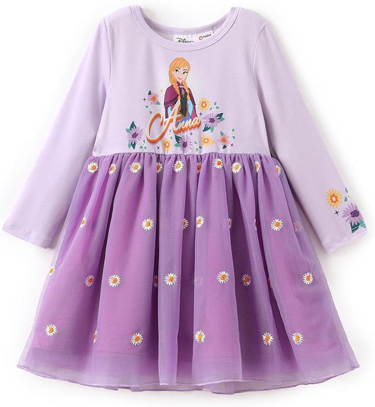 Disney Frozen Elsa Princess Cinderella Ariel Jasmine Rapunzel Baby/Toddler Dress, Ruffle Long-Sleeve Mesh Overlay Tulle Dress