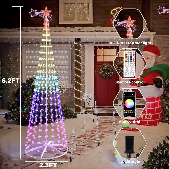 Christmas Tree with Lights, 6.2 FT 250 LED Smart Color Change, Bluetooth App & Remote Control, Timer Music Sync, DIY RGB Outdoor Christmas Tree Show for Christmas Decorations