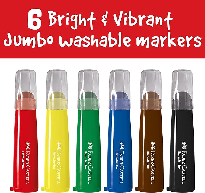 Faber-Castell Little Creatives Extra Jumbo Ultra Washable Markers for Kids - 6 Colors, Back to School Supplies, Art Supplies for Kids Toddlers, Preschool (Ages 3+)