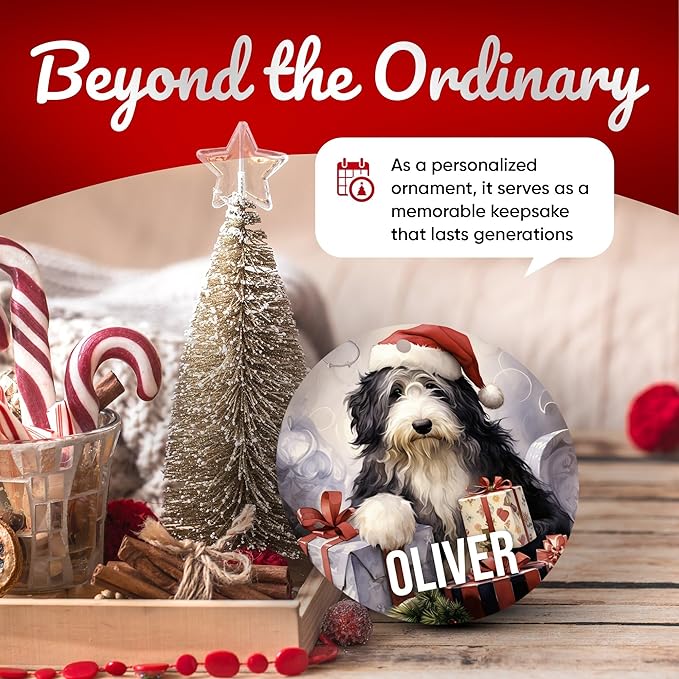 Old English Sheepdog Personalized Dog Ornament - 3" Round Ceramic - Christmas Tree Decor - Dog Mom/Dad Gift - DOG0150