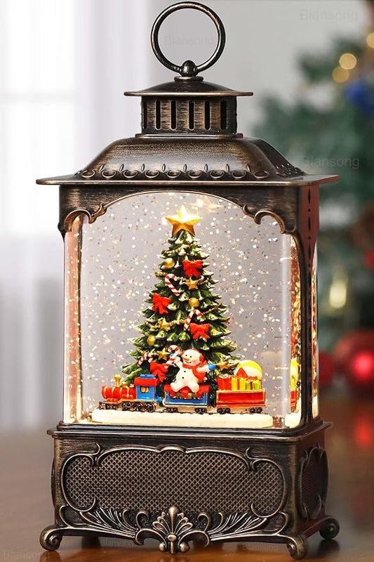 Christmas Tree Snow Globe Lantern Christmas Decorations Gifts Auto Snowfall Glitter Music Collection Snowman Train Candy Cane with 6H Timer USB/Battery Powered 10.2 inch