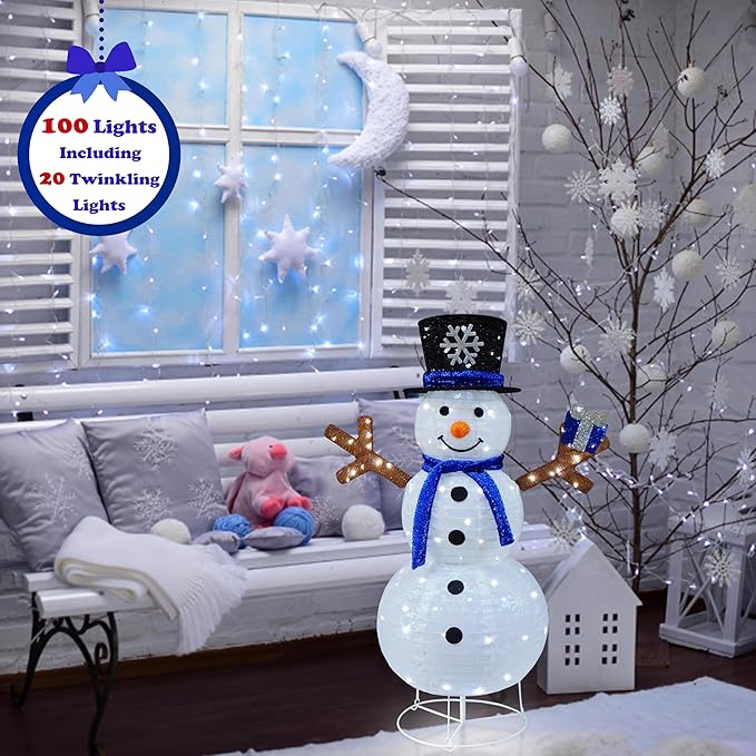 Outdoor Snowman Lighted, Pop-Up Snowman Outdoor Yard Christmas Decorations Prelit 100 Lights, Collapsible Lighted Snowmen Wears Blue Scarf and Holds Light Up Gift Box for Home Porch Yard Décor-Blue