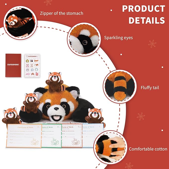Niuniu Daddy 20" | 5Pcs Red Panda Weighted Stuffed Animals Family Set, Mommy Red Panda Plush with 4 Babies Toys Inside, Cute Large Body Pillow for Girls Boys Adults with Christmas Birthday Presents