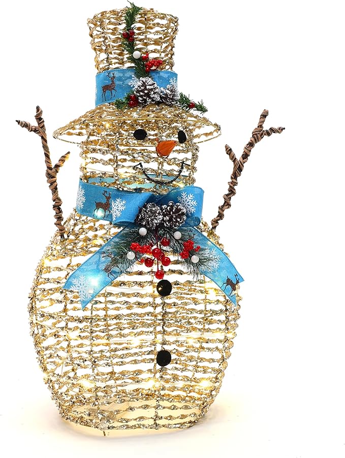 LuxenHome 2FT Lighted Snowman Outdoor Christmas Decorations, Battery Operated Gold Ribbon Snowman Christmas Decor with 41 LED Light, Blue Scarf & Hat, Xmas Decorations Outdoor Holiday Display