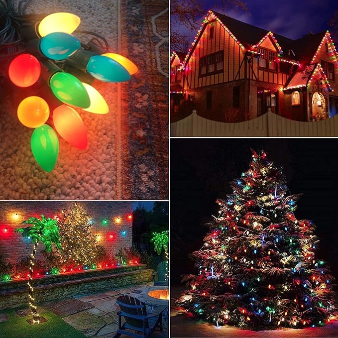Abeja C7 LED Multicolor Christmas Lights, 25Ft Outdoor Christmas String Lights with 27 Shatterproof Bulbs, Green Wire Vintage Decor for Xmas Tree, Patio, Roofline, Garden, Party Indoor Outdoor