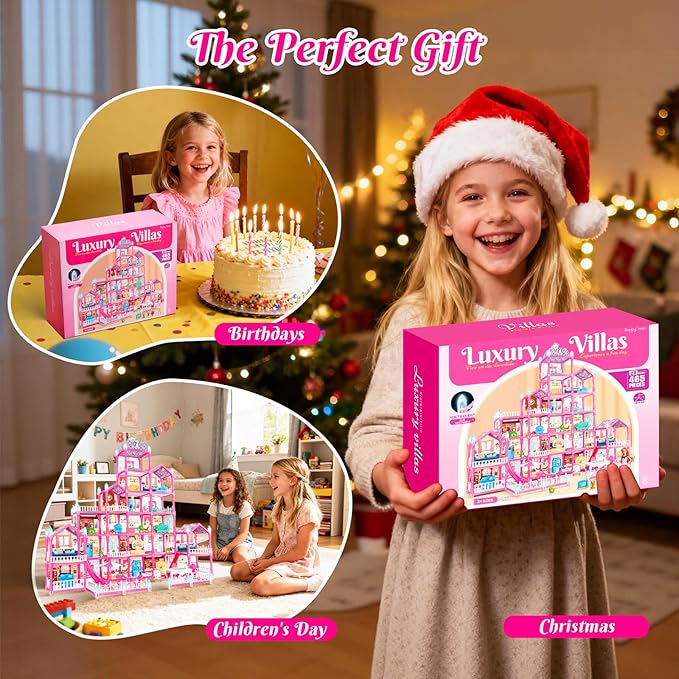 6-Story Doll House Large DIY Playhouse(35 in) for Girls, Little Girl Dream House with Furniture, Little Dog Toy, 2 Princess Figures and Slide, Creative Construction Toy