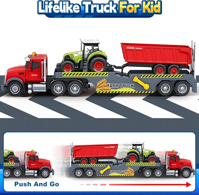 SpringFlower 21“ Extra Large Truck Toy, 3 4 5 6 Boys Toys with Tractors and Dump Truck, 3 in 1 Vehicle Toy with Sounds & Lights, Christmas Birthday Gift Kids Boy Toddlers Age 3 4 5 6 7