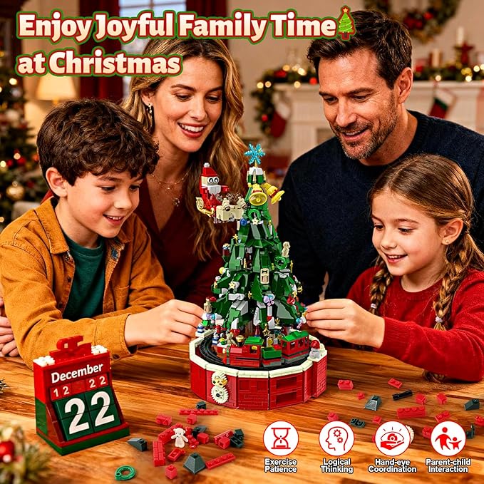Ochido Advent Calendar 2025 Rotating Christmas Tree Building Blocks Kit, 24 Days Christmas Countdown Toy Building Set, Christmas Advent Calendars for kids Ages 6+, Xmas Gifts for Adults Teens Kids
