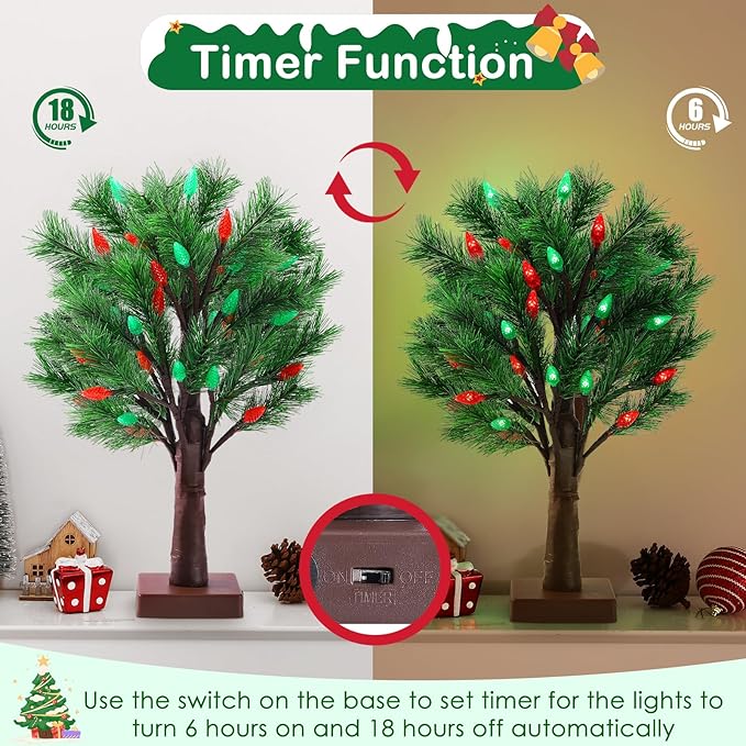 2 Pack Christmas Decorations Indoor Artificial Lighted Christmas Tree with C6 Strawberry,Total 48 LED Battery/USB Operated Pine Tree for Tabletop Fireplace Harvest Home Indoor Xmas Decor