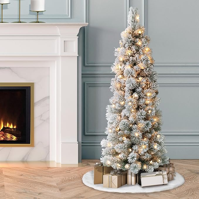 Puleo International 4.5ft Pre-Lit Flocked Portland Pine Pencil Christmas Tree with 100 Clear Lights, 195 Realistic Dense Branch Tips, Easy Setup Artificial Trees with Sturdy Metal Stand