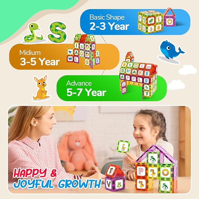 Magnetic Tiles Letters Learning Toys, Animals Alphabet ABC Magnets for Kids 1-3 2-4 3-5 4-8, Toddlers Classroom Must Haves 48PCS Stacking Toys, Homeschool Essentials for Preschool Spelling Game