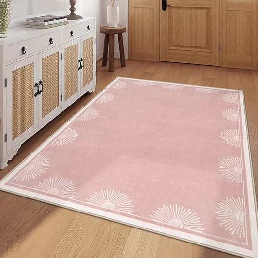 Modern 5x7 Pink Area Rugs for Bedroom Girls, Ultra Thin Washable Nursery Rug for Kids Room, Soft Sun Print Living Room Rug,Boho Non Shedding Floor Carpets for Classroom Dorm(5'x7',Pink)