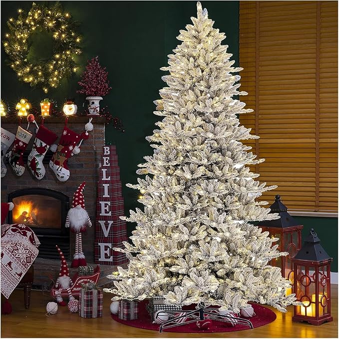 Glitzhome 11ft Pre-Lit Flocked Artificial Christmas Tree Slim Fir Tree Lighted Hinged Holiday Xmas Tree with 950 Lights Foldable Base for Home Office Party Decoration