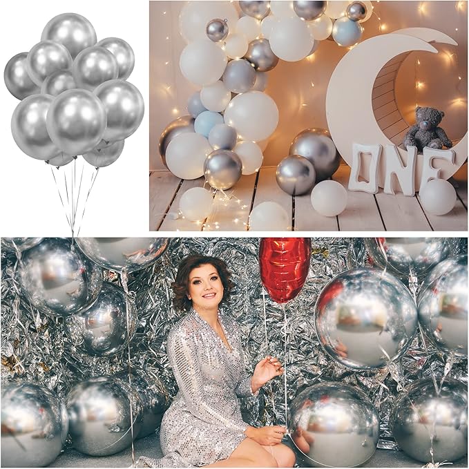 300 Pcs Latex Balloons Different Sizes 5/10/12/18 Inch Party Anniversary Balloons Bulk for Birthday Wedding Baby Shower Party Decoration(Metallic Silver)