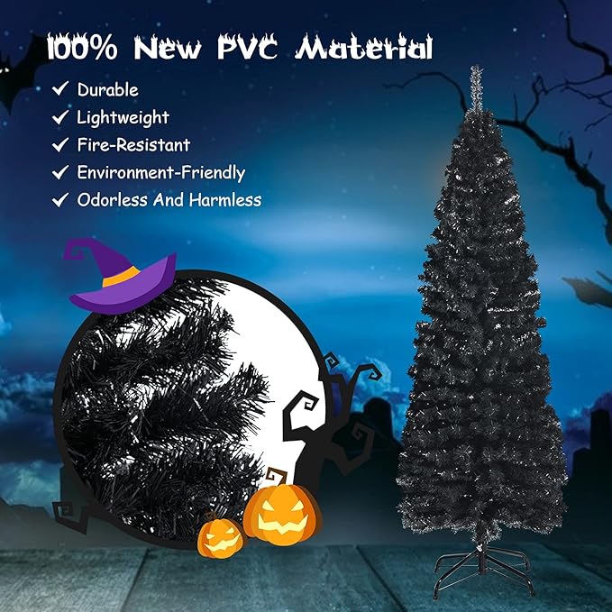 HAPPYGRILL 6 Feet Black Pencil Christmas Tree, Artificial Skinny Xmas Tree with Metal Stand, Realistic Unlit Pine Tree with 520 Branch Tips for Indoor Outdoor