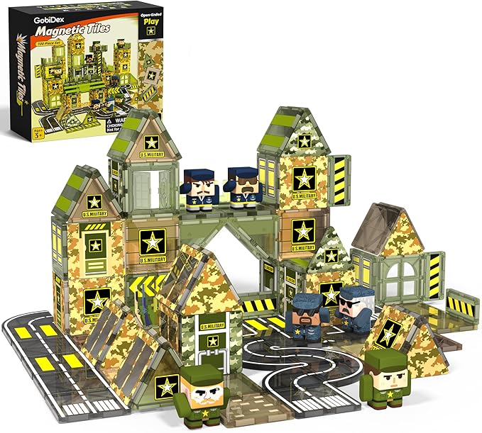 GobiDex 100PCS Army Magnetic Tiles Road Set, Military Magnetic Building Blocks with Toy Soldiers, STEM Construction Toys for Kids Ages 3-5 4-8, Christmas Birthday Gifts for 3+ Year Old Boys Girls