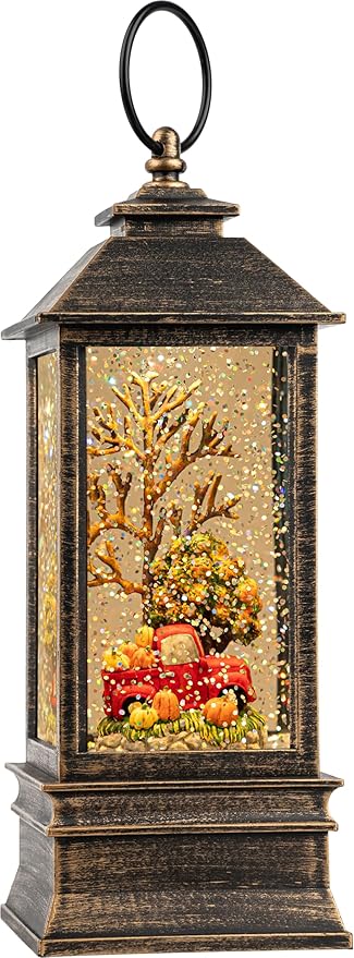 10'' Fall Snow Globe Lantern, Thanksgiving Lighted Lantern, Swirling Glitter Snow Globe for Fall Harvest Day Decorations, Home Fall Decor, Halloween and Gift (Truck&Pumpkins)
