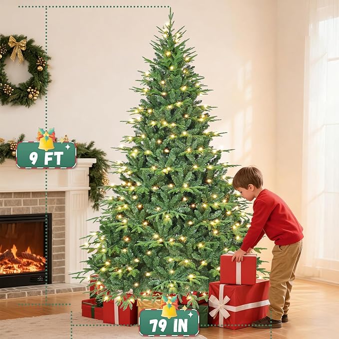9ft Prelit Artificial Christmas Tree with 5422 PE PVC Tips, Premium Pre-Lit Holiday Xmas Tree with 700 UL Incandescent Lights, Metal Hinges & Foldable Base for Home Office Party, Green