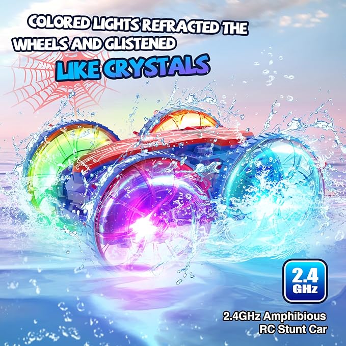 Spider Amphibious Remote Control Car Boat, Spider Toys for Ages 6 7 8 9 10 11 12, 360° Gesture Sensing RC Vehicle, 4WD Waterproof Stunt Car with LED Lights, Gifts for Boy and Girl