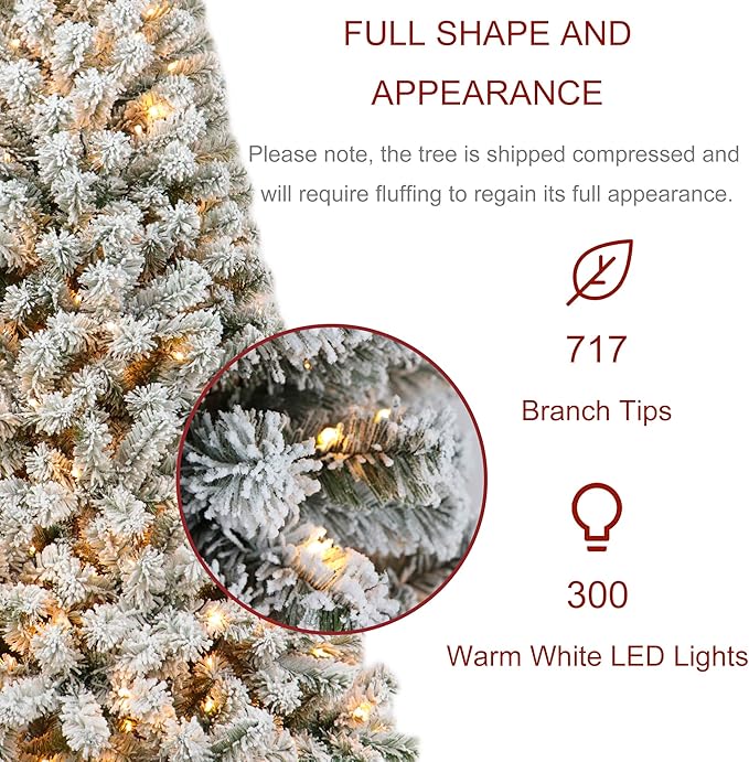 6ft Pre-lit Flocked Elwood Pine Christmas Tree with 717 Branch Tips, 300 Radiant Warm White LED Lights - Captivating Realism and Enchanting Holiday Aura