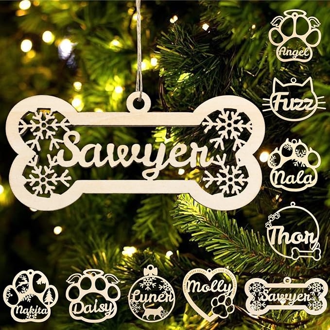 Personalized Dog Cat Paw Ornament Christmas, Custom Pet's Name Ornament, Customized Wooden Snowflake Bones Ornaments for Christmas Tree