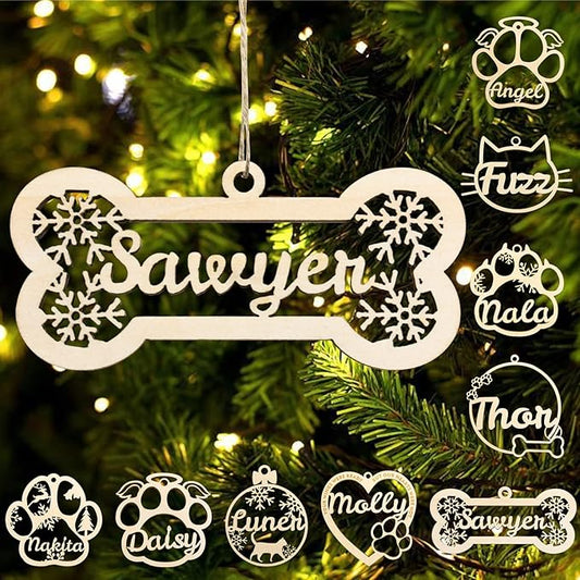 Personalized Dog Cat Paw Ornament Christmas, Custom Pet's Name Ornament, Customized Wooden Snowflake Bones Ornaments for Christmas Tree
