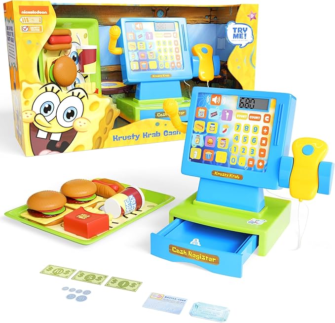 Lollipop Spongebob Cash Register Play Set - Krusty Krab Cash Register - Includes Toy Cash Register and Realistic Play Food Items with Pretend Food and Play Money