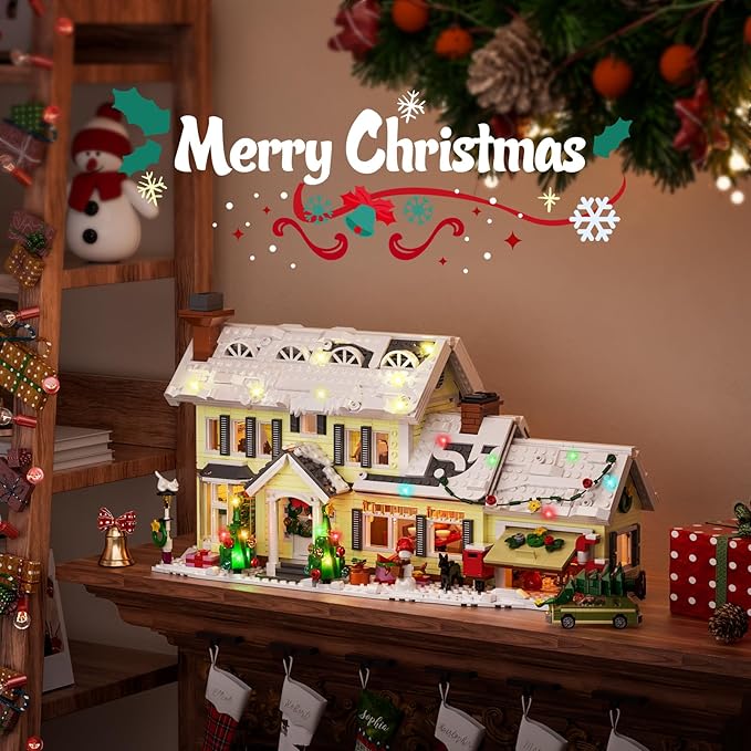 Christmas Holiday House Building Set, DIY Christmas Holiday Snow Village with Clark's Car, Christmas House Compatible with Lego Gifts for Boys, Girls, Family, and Friends (1484pcs)