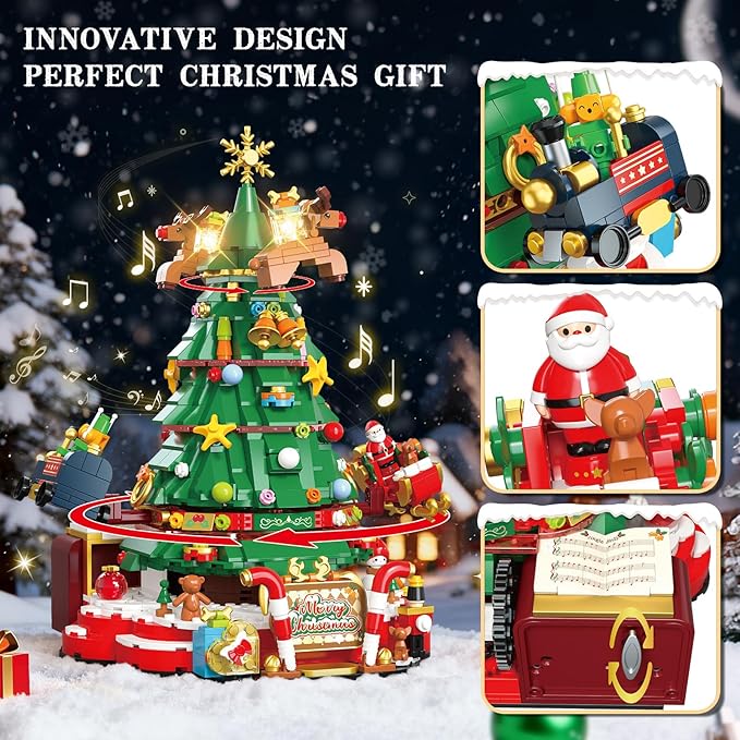 JAKI Christmas Tree Building Set, Rotating Music Box Christmas Tree with Lights, Christmas Decorations for Tabletop & Home, for Boys & Girls Ages 8+