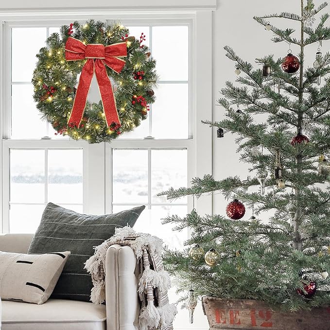 Christmas Wreath Front Door Wreath - 24 Inch Pre-Lit Outdoor Wreaths for Front Door Battery Operated 55 White Lights Bulbs Christmas Decoration Wall Wreath Outside DiliComing