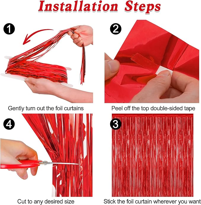 4 Pack Red Backdrop, 3.28 FT x 7.05 FT Party Streamer, Metallic Birthday Tinsel Backdrop Foil Fringe Curtains, Door Streamer for Red Party Decorations Casino Decor Photo Booth Props
