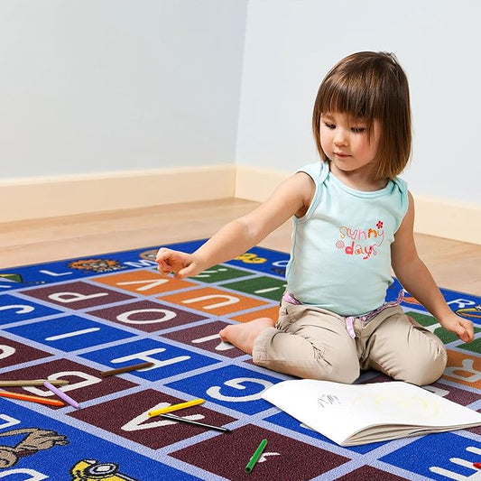Ottomanson 5' x 6'6" Alphabet Kids Rug - Educational ABC Play Mat for Playroom, Bedroom, Daycare & Classroom - Fun & Interactive Learning Carpet - Durable & Non-Slip for High-Traffic Areas, Blue