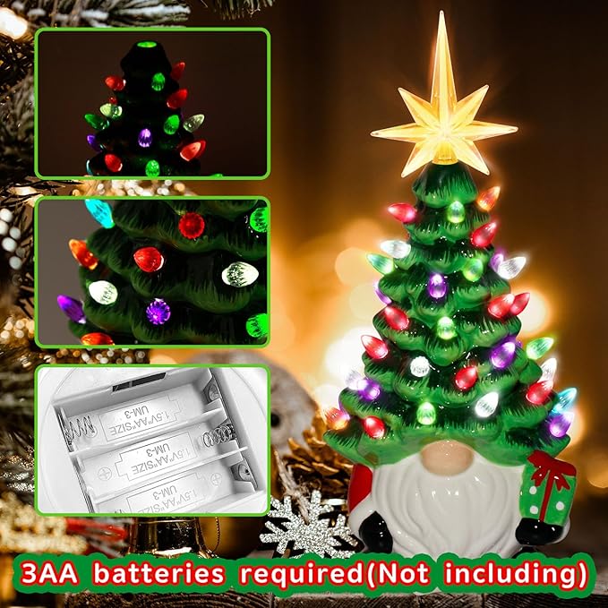 Gnomes Christmas Decorations - 12" Lighted Up Gnomes Ceramic Christmas Tree with 46 Multicolored Lights - Mini Pre-lit Hand-Painted Xmas Tree Decor for Home Indoor