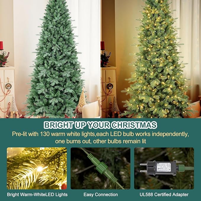 9 FT Prelit Artificial Skinny Christmas Tree,Blue Spruce Slim Pencil Xmas Tree with 2470 PE&PVC Mixed Branch Tips,650 UL Listed Clear Lights,Hinged Pine Tree with Metal Stand for Home Office Décor