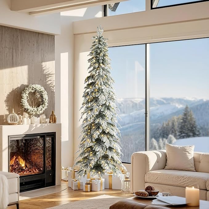 Glitzhome 9ft Prelit Christmas Tree, Artificial Christmas Tree with 470 Warm White Lights, Flocked Pencil Christmas Tree Chicago Frostwood Spruce w/1581 PE&PVC Branch Tips and Sturdy Metal Stand