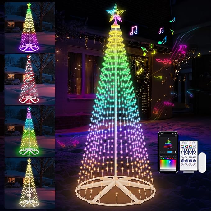 Smart Lighted Christmas Tree, 8FT 388 LED Prelit Cone Tree Lights with Music Sync, Remote & APP Control, Million Colors DIY Xmas Trees, RGB Christmas Light Show Tree for Indoor Outdoor Decorations