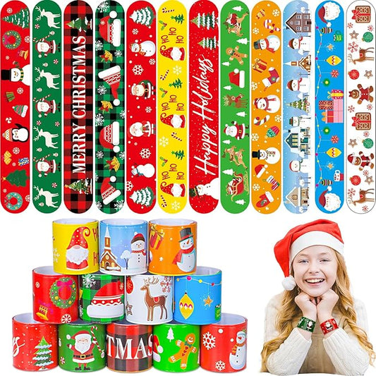 48 Pcs Christmas Slap Bracelets - 12 Styles for Party Favors, Stocking Stuffers & Decorations