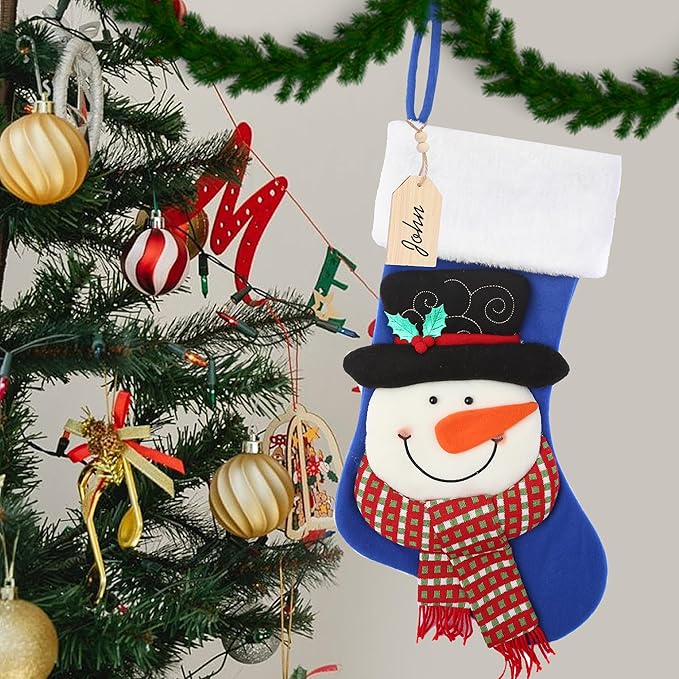 Christmas Stocking,21 inch Christmas Stockings with Wood Name Tag,3D Snowman Christmas Stocking,for Family Holidays and Christmas Tree Fireplace Decoration(Blue)