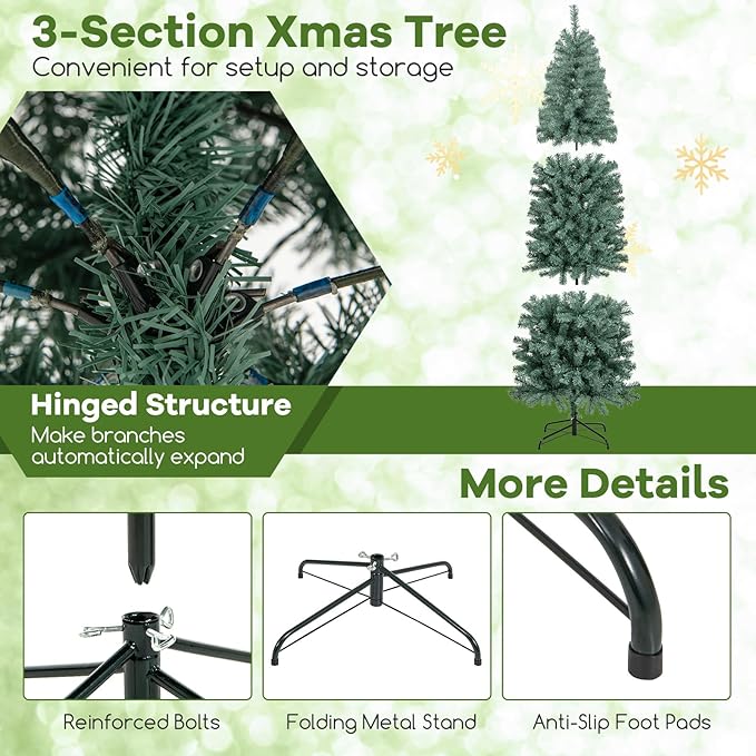 GOFLAME 7.5FT Pre-Lit Pencil Christmas Tree, Hinged Artificial Xmas Tree with 724 Branch Tips, 250 LED Lights, 9 Lighting Modes & Folding Metal Stand, Slim Holiday Decoration Tree for Home Party