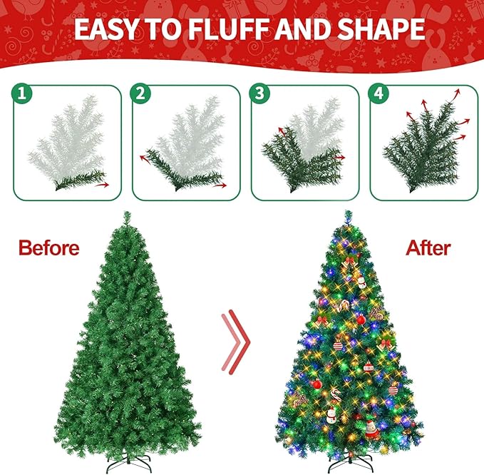 6ft Prelit Christmas Tree, Artificial Xmax Tree with 250 Lights and 1000 Branch Tips, Prelighted Xmas Tree for Home Party Holiday Decoration