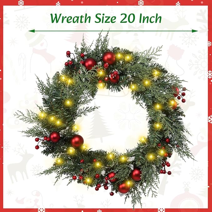 20" Large Christmas Wreath with LED Lights Winter Wreaths for Front Door or Wall Powered by 3AA Batteries for Indoor Outdoor Party Holiday Decorations