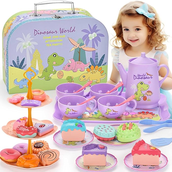 Dinosaurs Tea Party Set for Little Girls, Pretend Plastic Teapot Set, Princess Tea Time Play Kitchen Toy with Dessert, Carrying Case for Birthday Easter Gifts Kids Toddlers Age 3 4 5 6