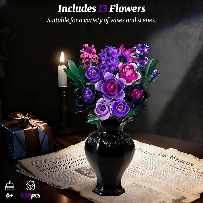 Purple Rose Bouquet Building Set: Compatible with Lego Flowers for Adults Women Gothic Artificial Botanical Collection Halloween Christmas Valentine's Gifts Home Decor (458 PCS)